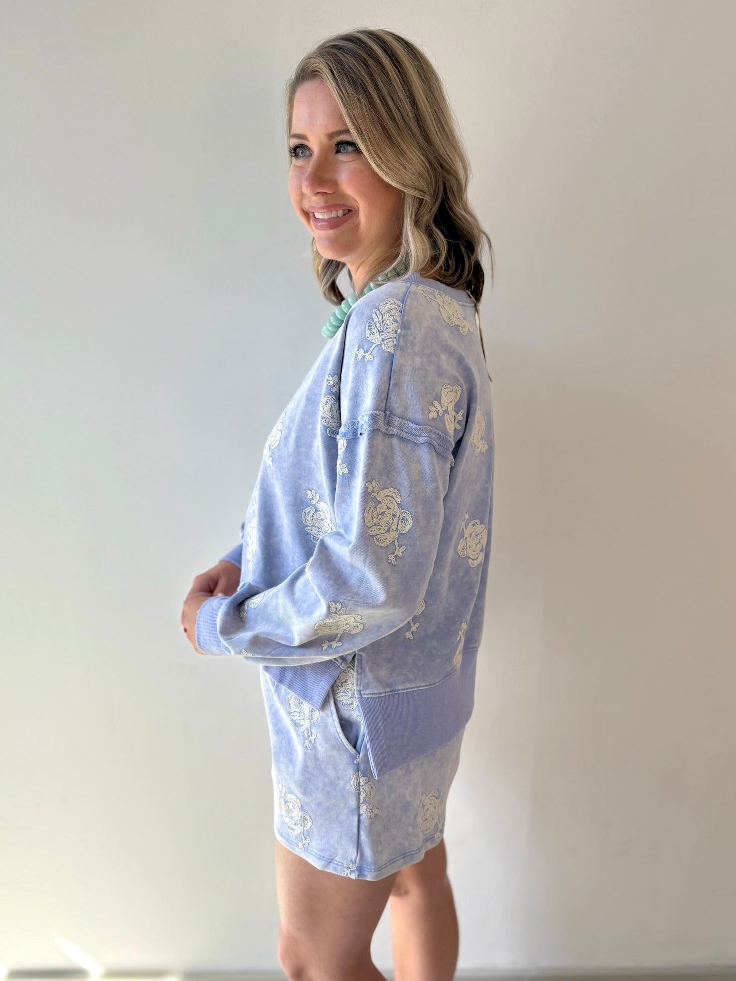 Embroidered Sweater & Short Set - Blue