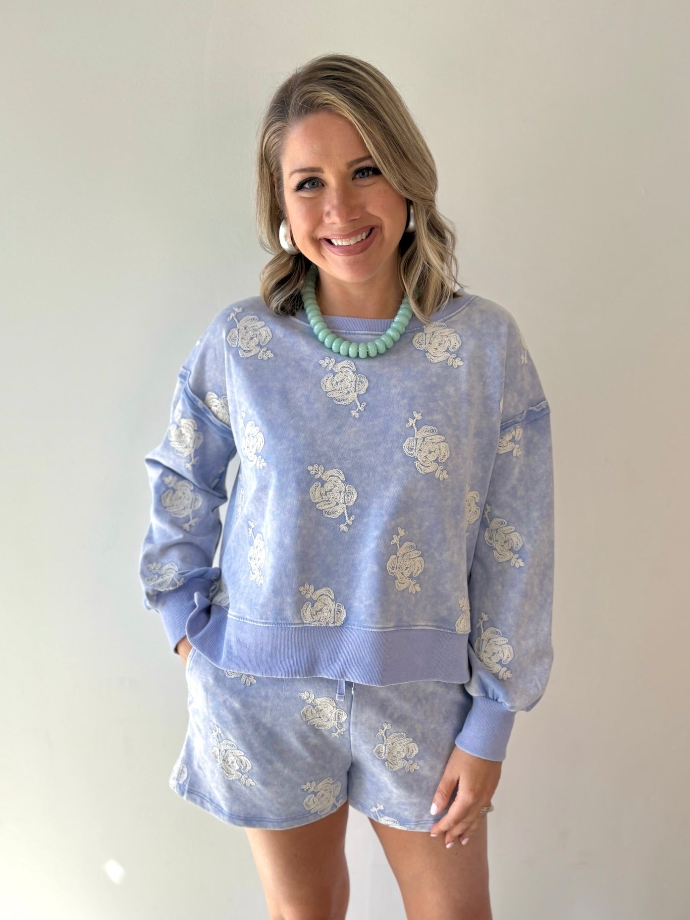 Embroidered Sweater & Short Set - Blue