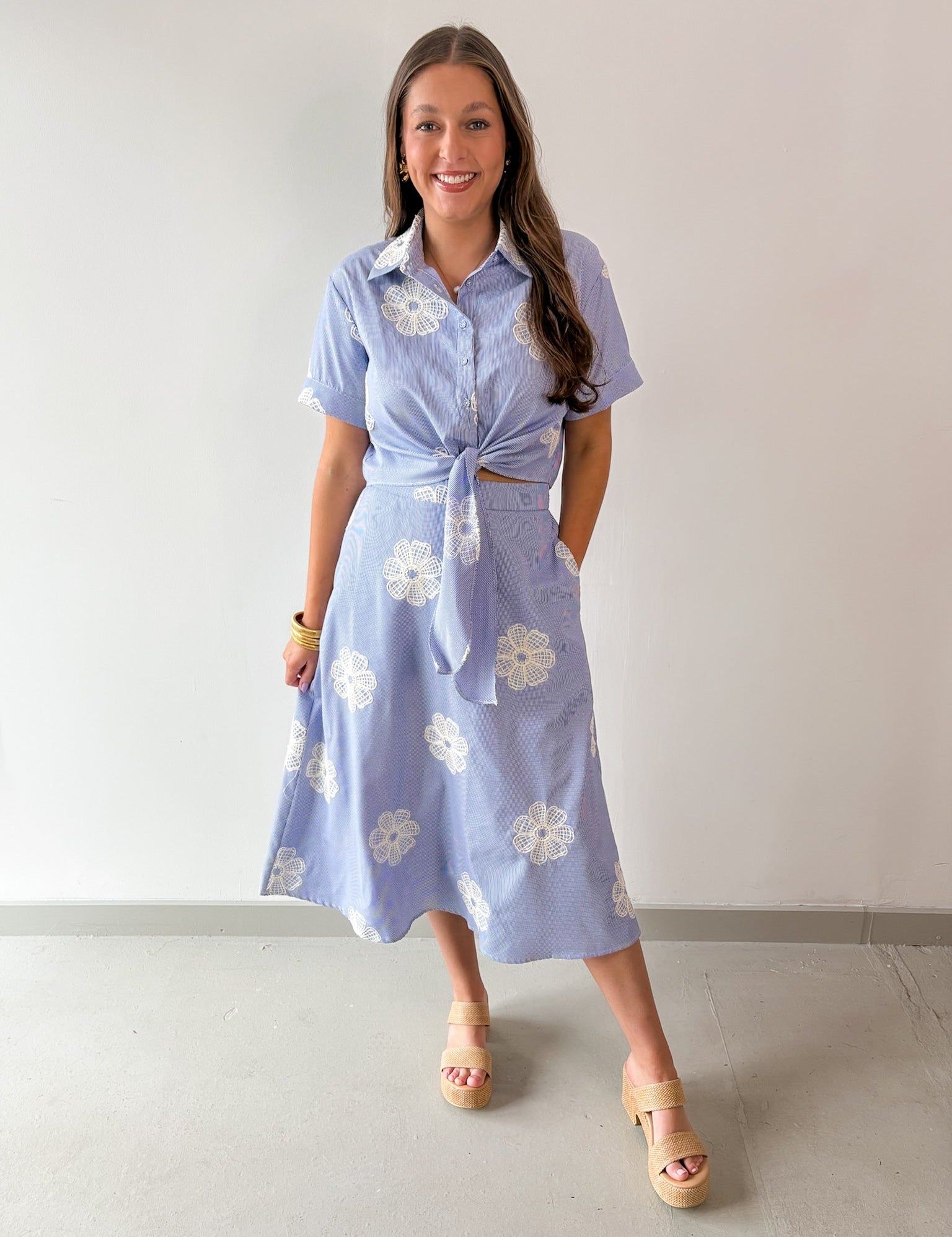 Embroidered Top & A Line Skirt Set