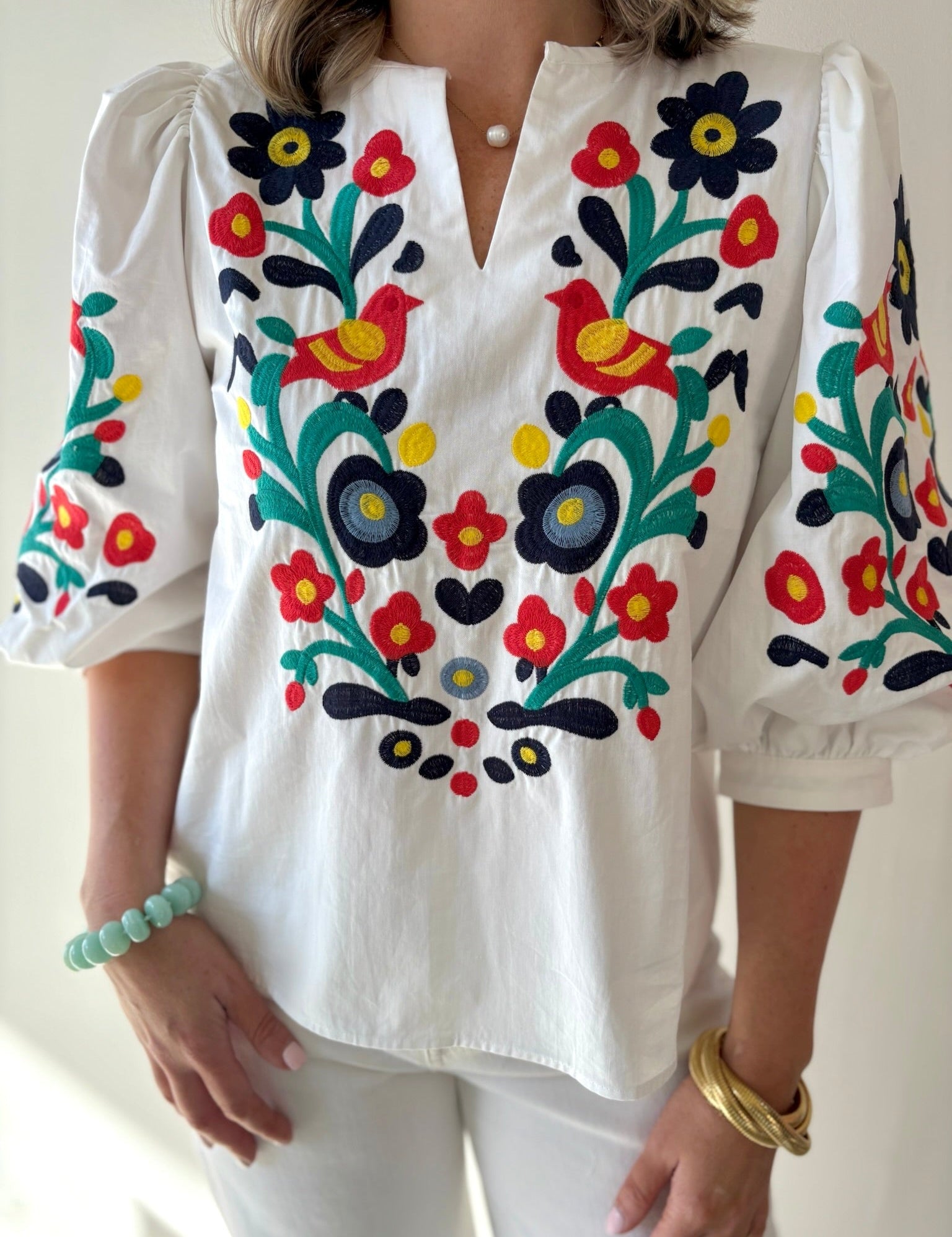Embroidered V Neck Top