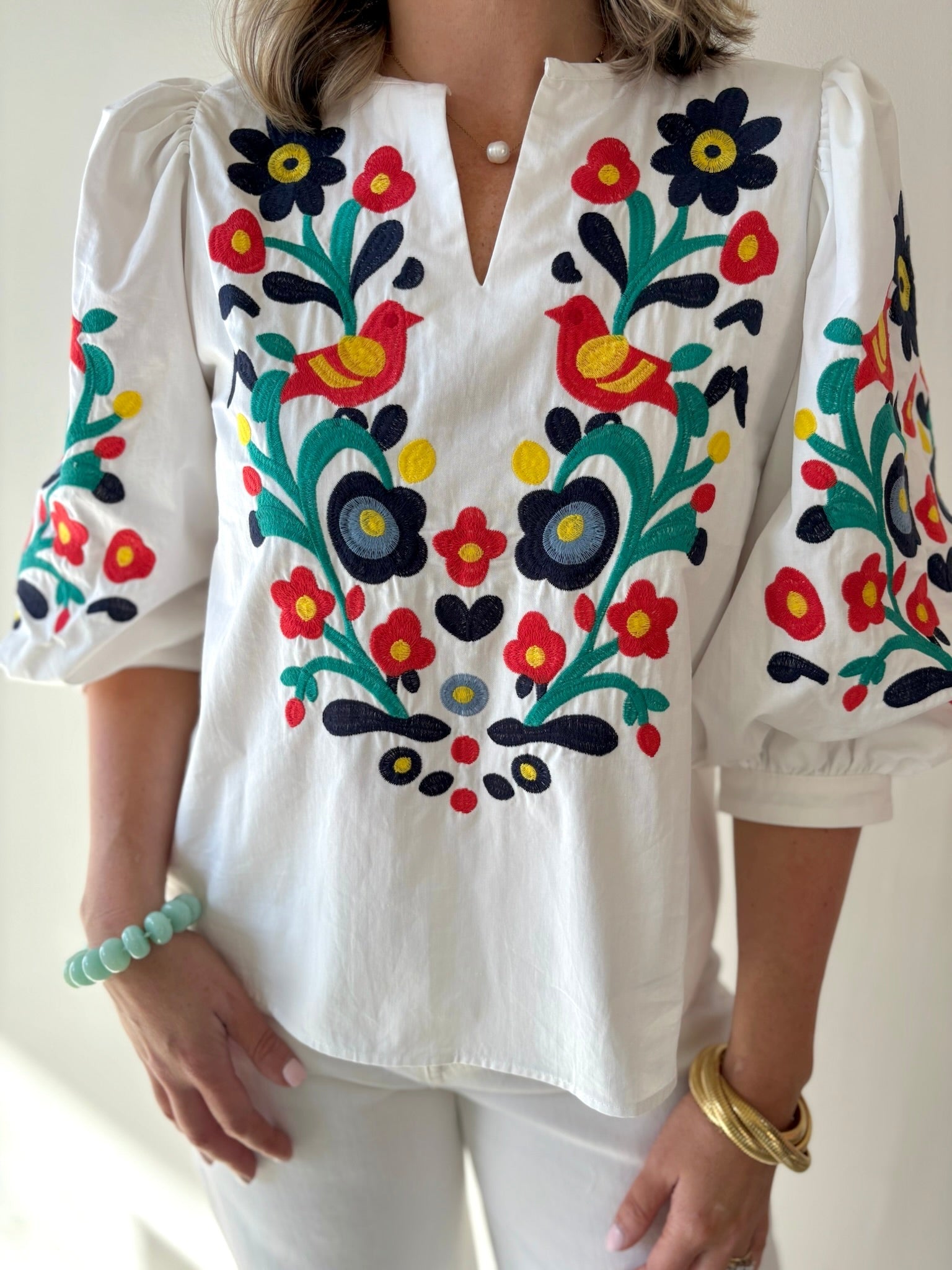 Embroidered V Neck Top