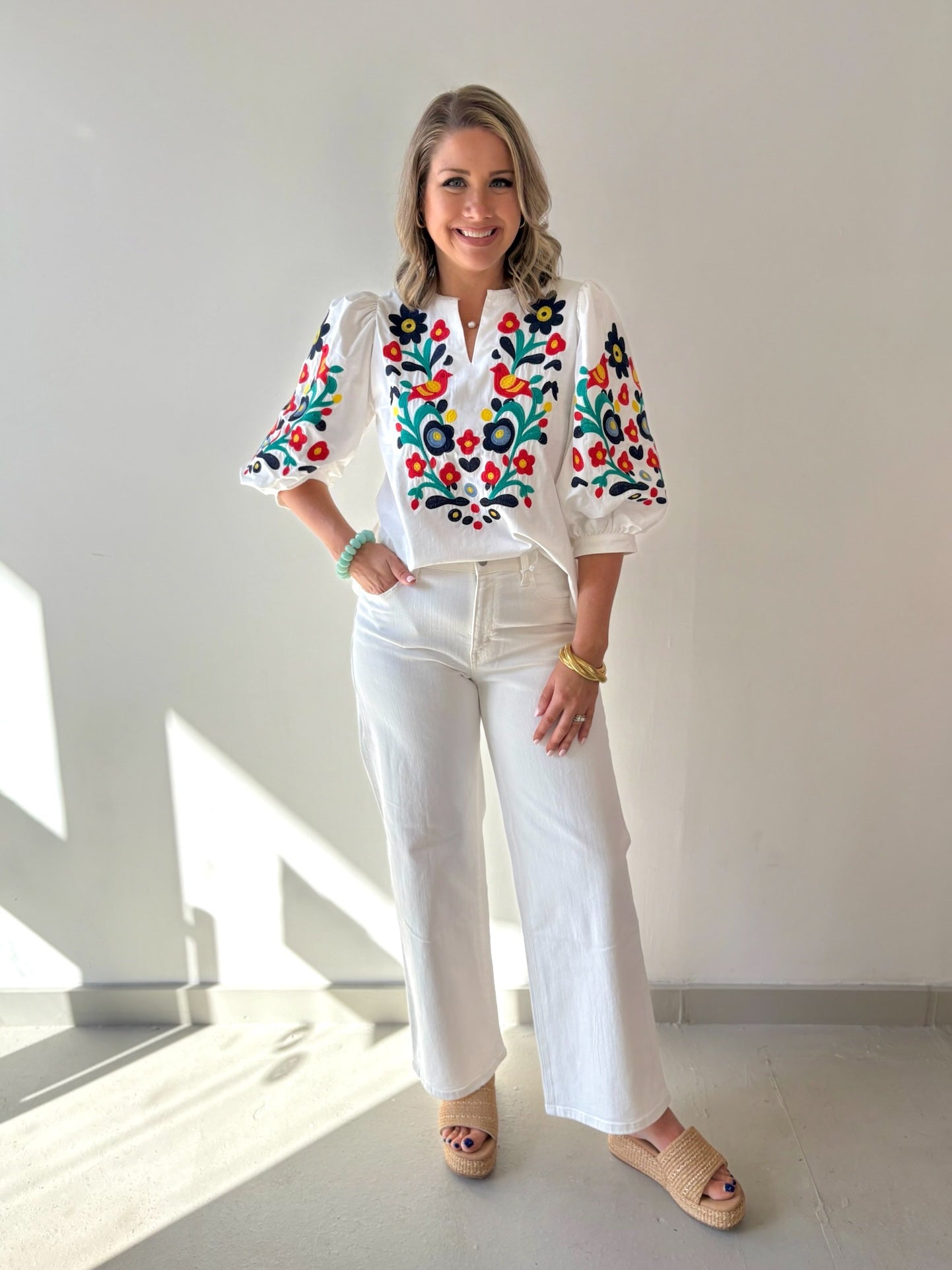 Embroidered V Neck Top