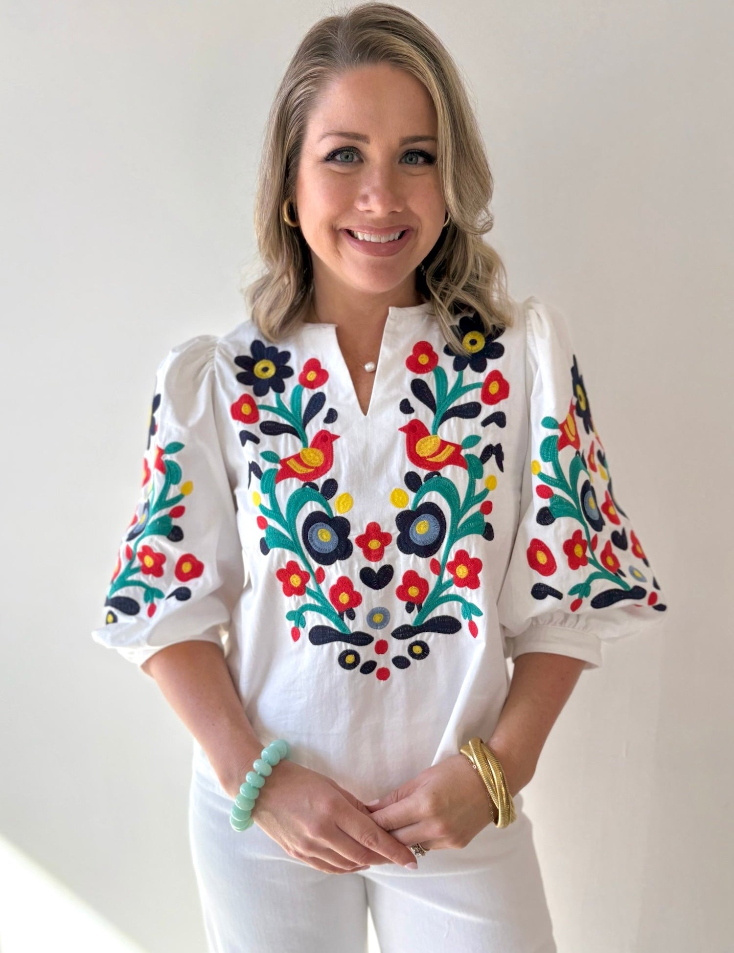 Embroidered V Neck Top