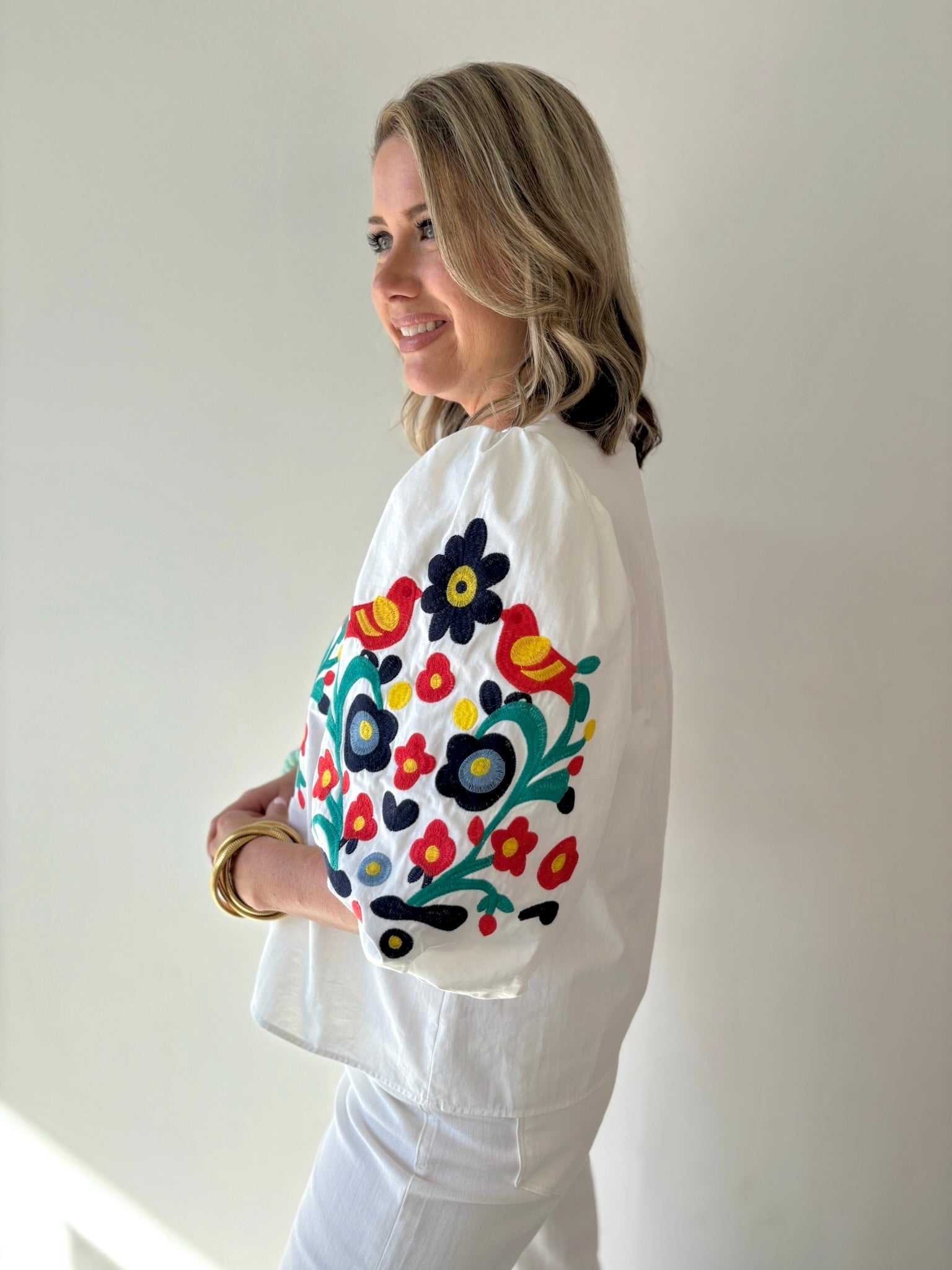 Embroidered V Neck Top