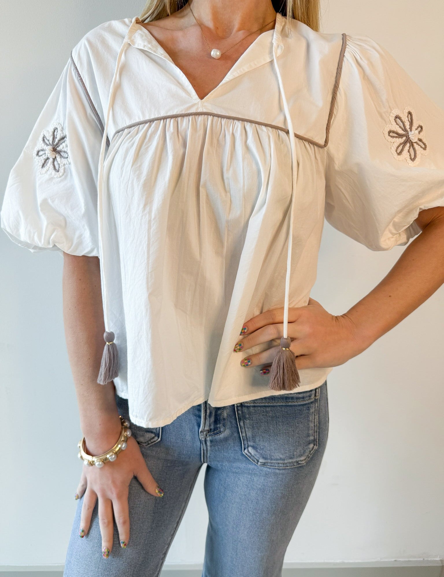 Embroidery Detail Tassle Top