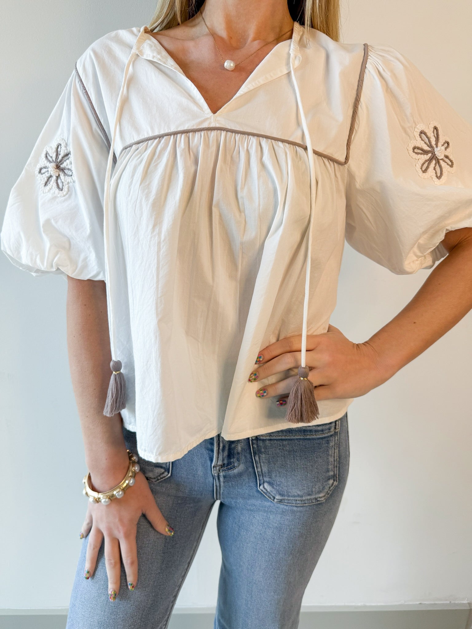 Embroidery Detail Tassle Top