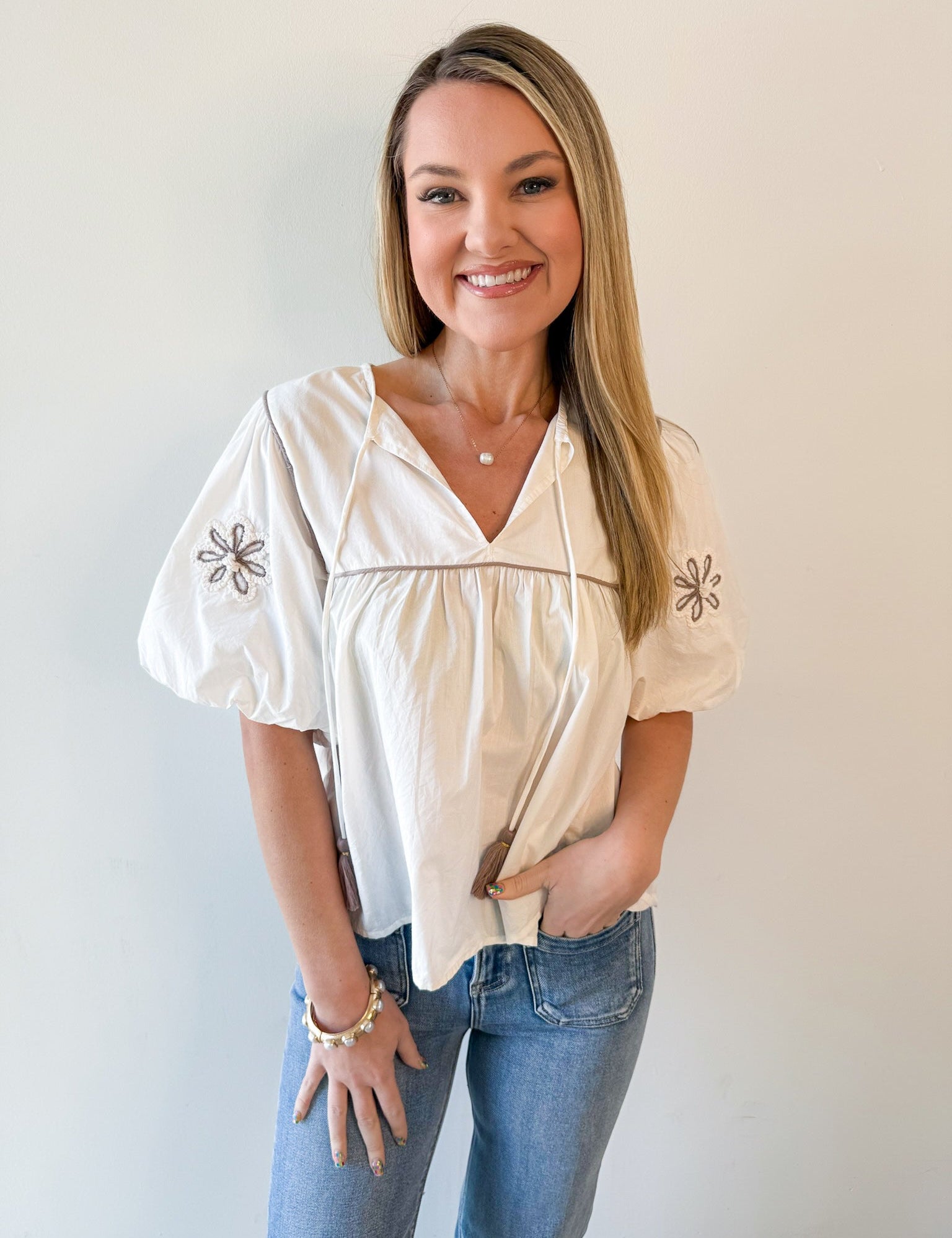 Embroidery Detail Tassle Top