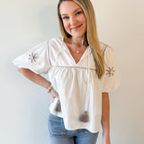 Embroidery Detail Tassle Top