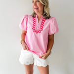 Embroidery Detail V - notched Neck Top - Pink