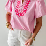 Embroidery Detail V - notched Neck Top - Pink