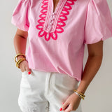 Embroidery Detail V - notched Neck Top - Pink