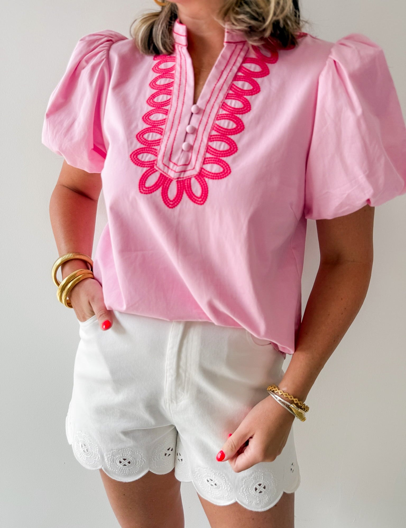 Embroidery Detail V - notched Neck Top - Pink