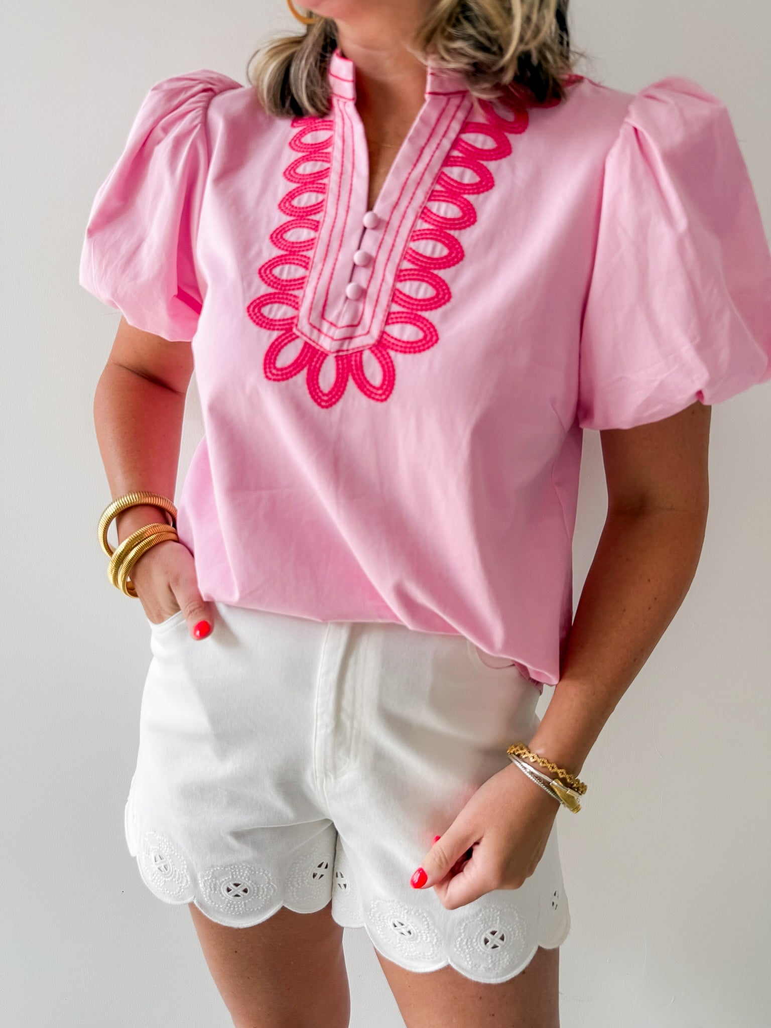 Embroidery Detail V - notched Neck Top - Pink