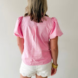 Embroidery Detail V - notched Neck Top - Pink