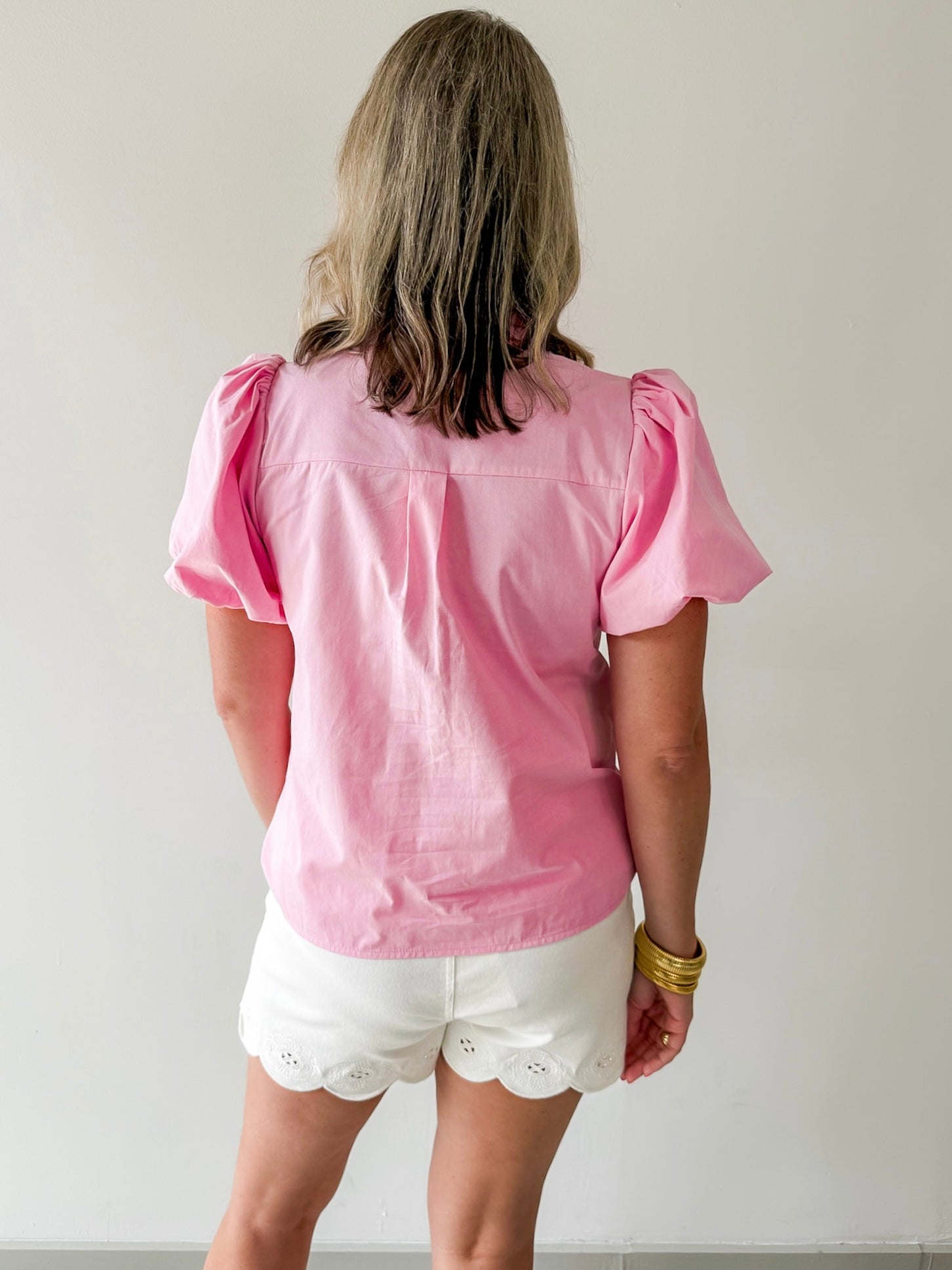 Embroidery Detail V - notched Neck Top - Pink