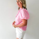Embroidery Detail V - notched Neck Top - Pink