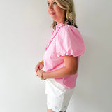Embroidery Detail V - notched Neck Top - Pink