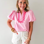 Embroidery Detail V - notched Neck Top - Pink