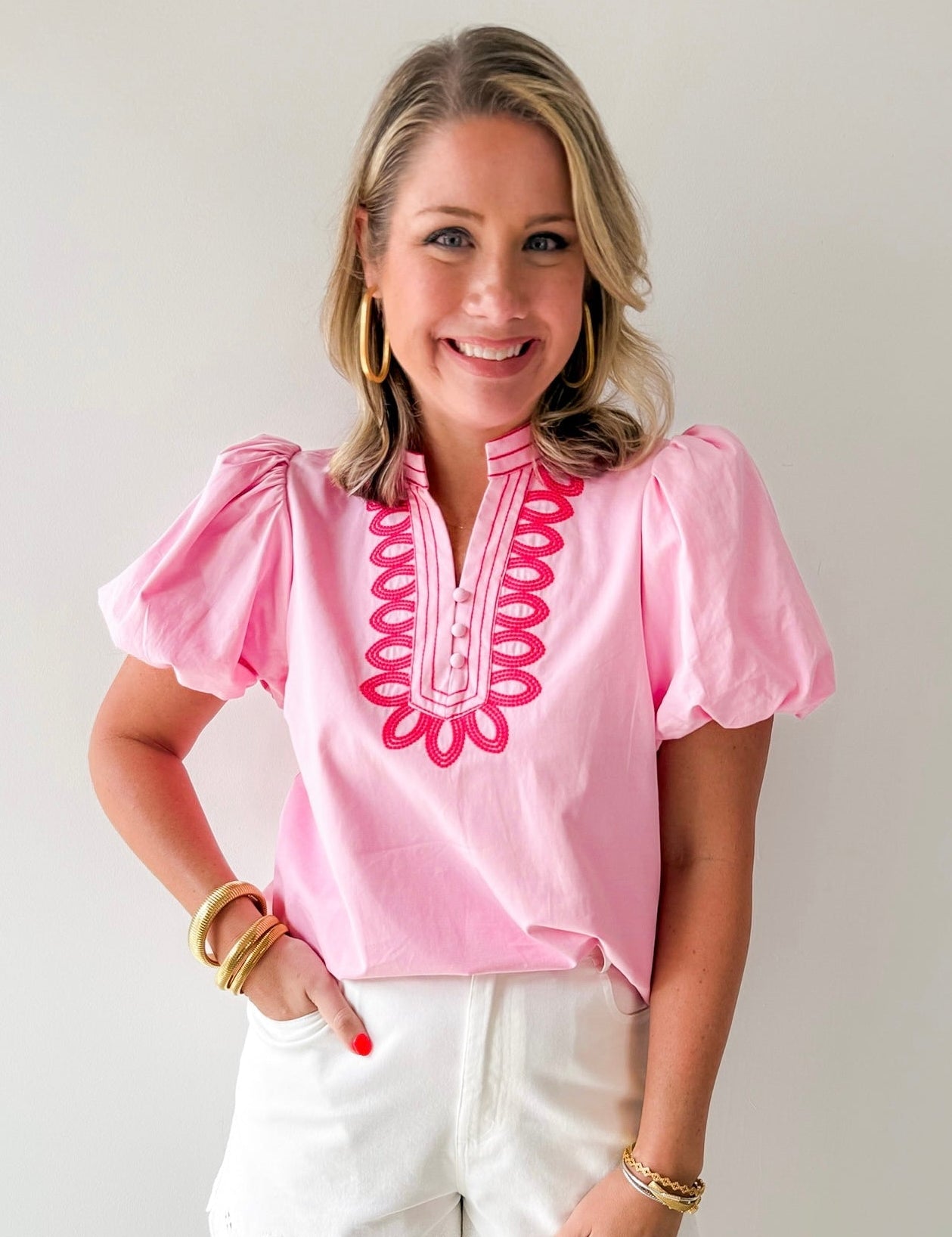 Embroidery Detail V - notched Neck Top - Pink