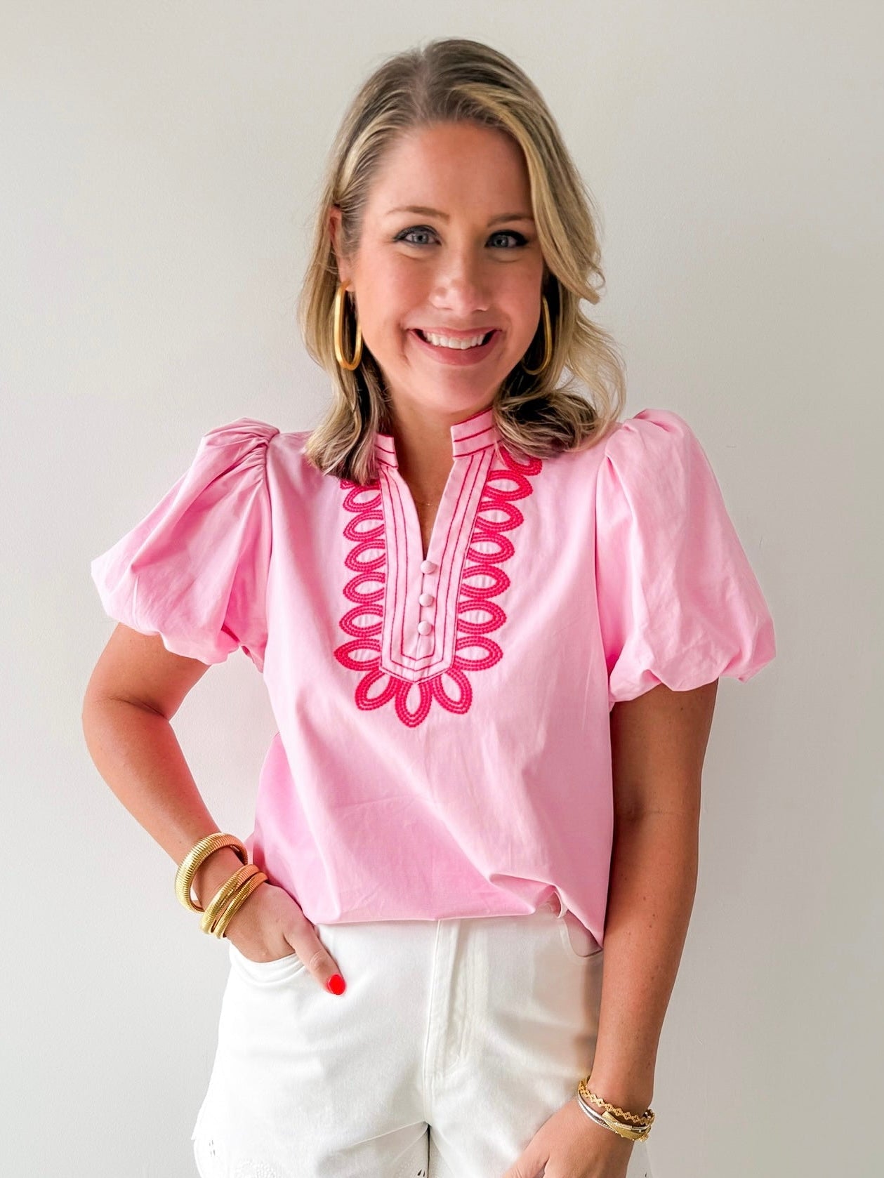 Embroidery Detail V - notched Neck Top - Pink