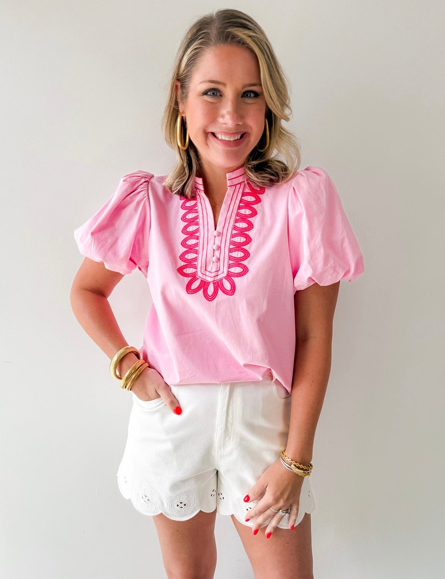 Embroidery Detail V - notched Neck Top - Pink