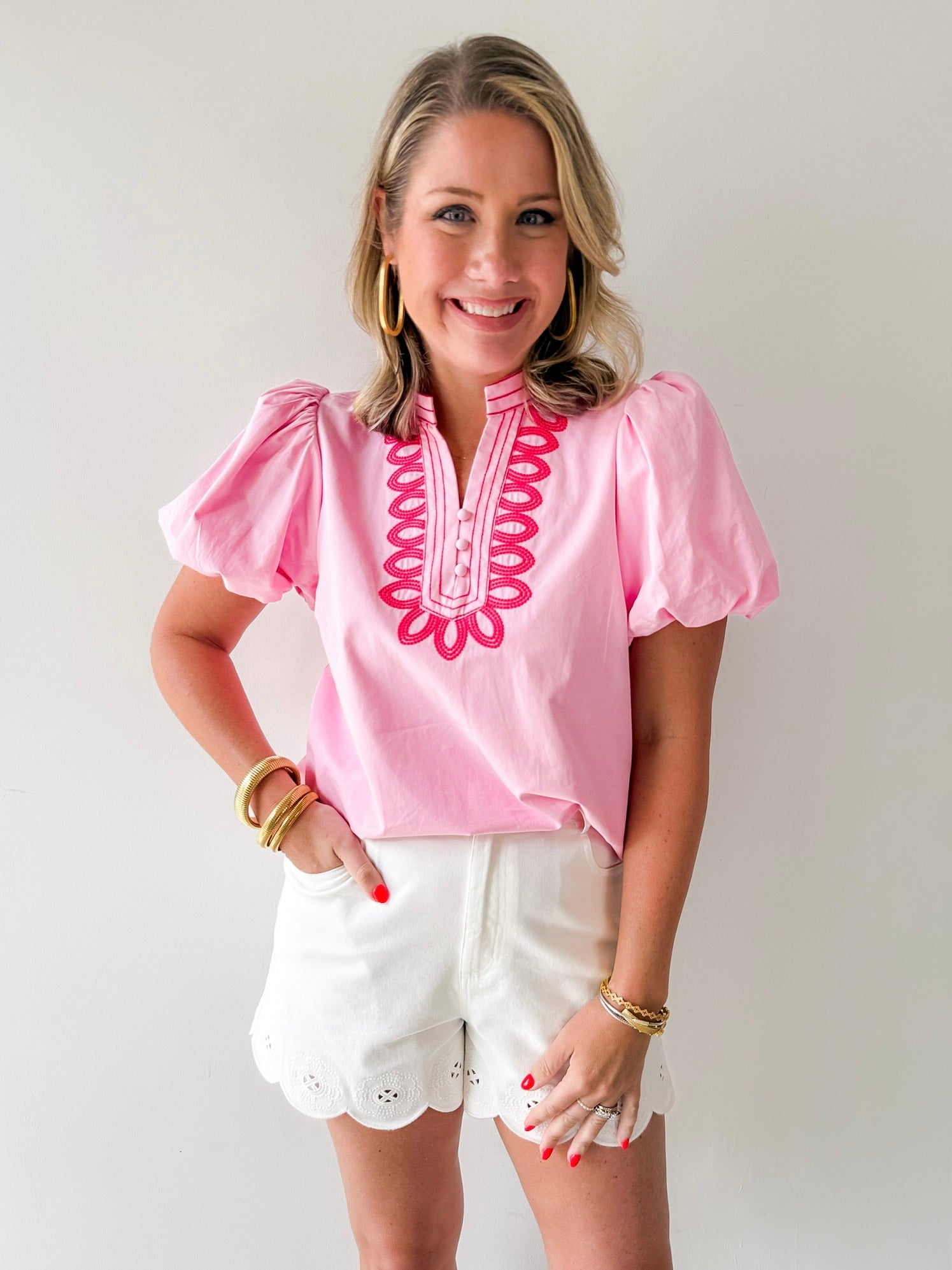 Embroidery Detail V - notched Neck Top - Pink