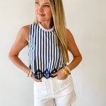 Embroidery Hem Top - Navy/White