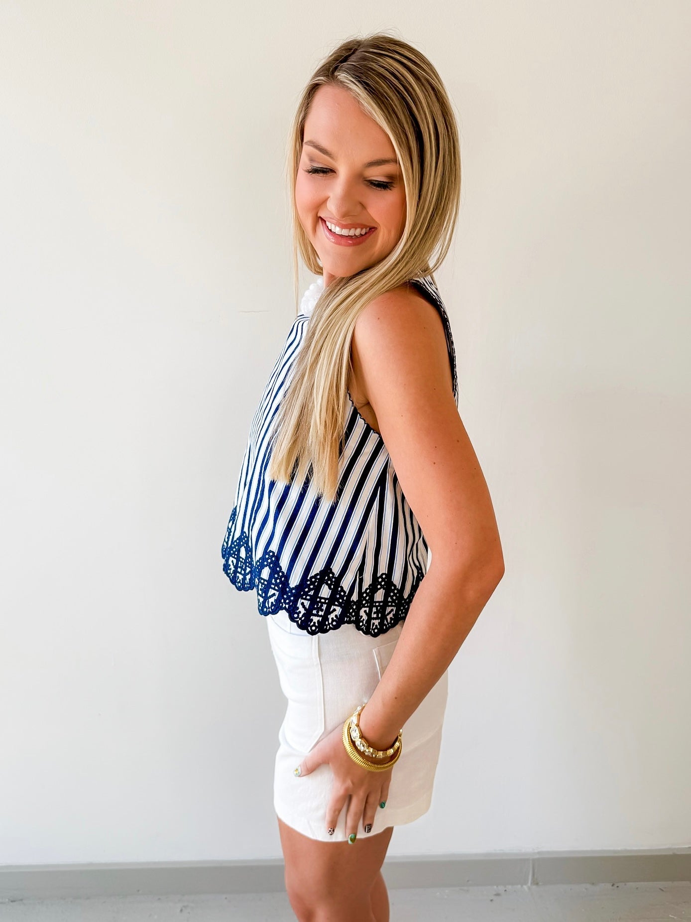Embroidery Hem Top - Navy/White