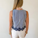 Embroidery Hem Top - Navy/White