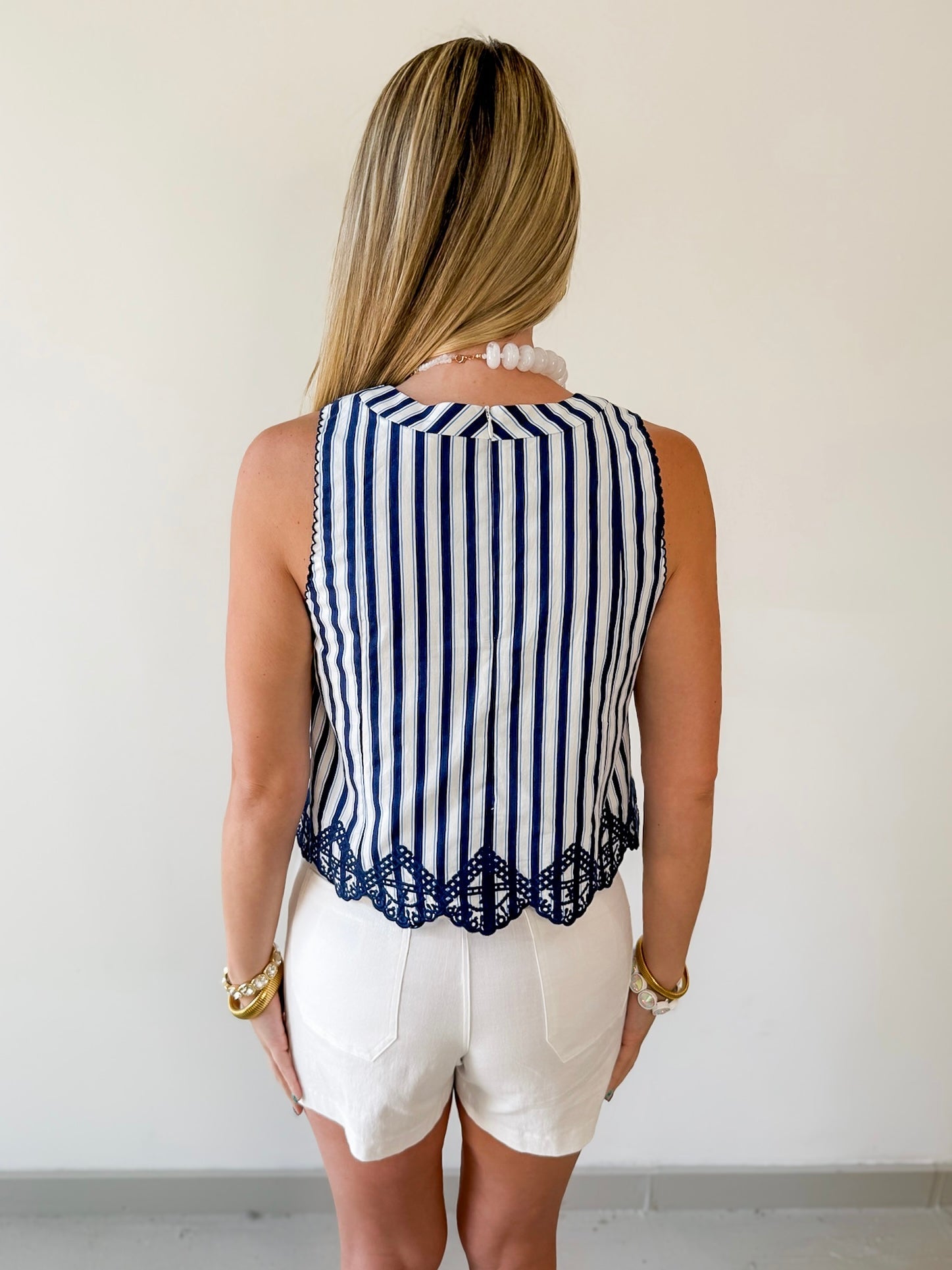Embroidery Hem Top - Navy/White