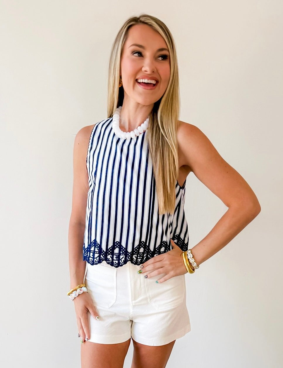 Embroidery Hem Top - Navy/White