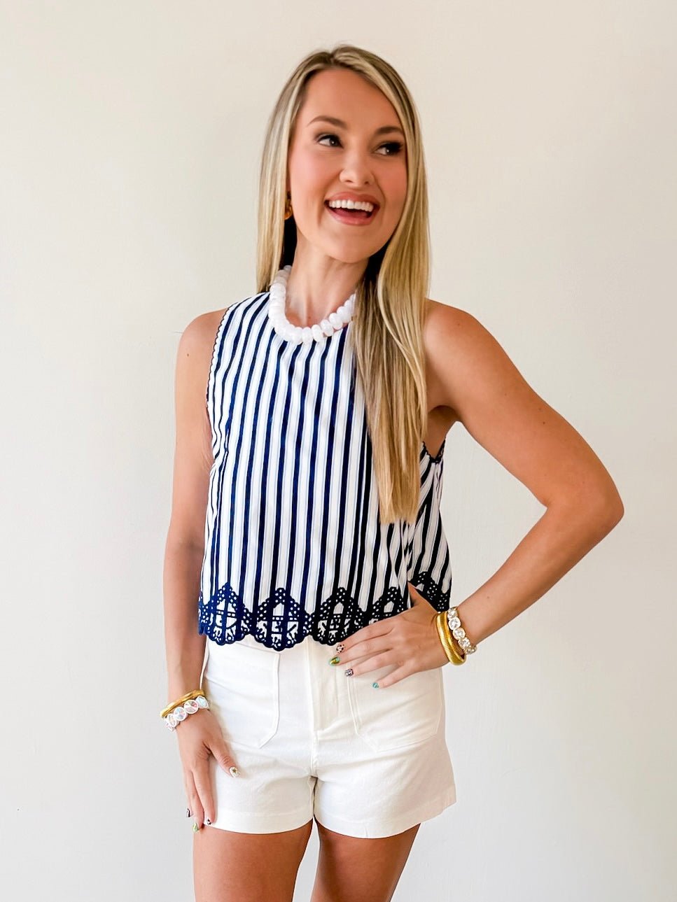 Embroidery Hem Top - Navy/White