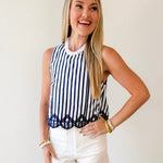 Embroidery Hem Top - Navy/White