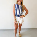Embroidery Hem Top - Navy/White