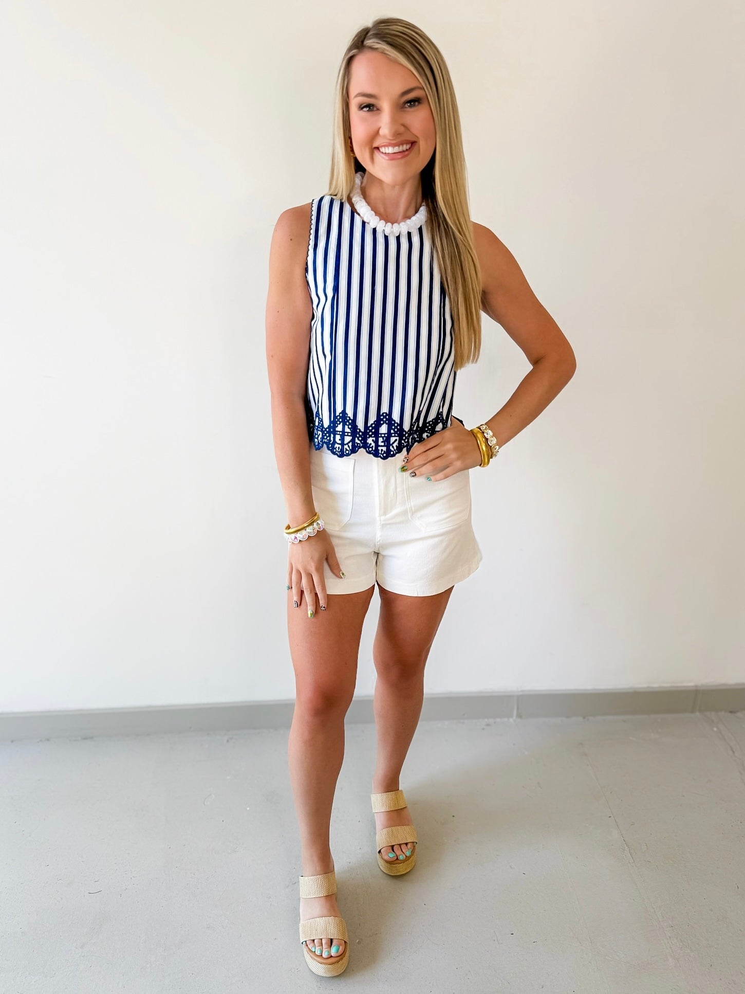 Embroidery Hem Top - Navy/White