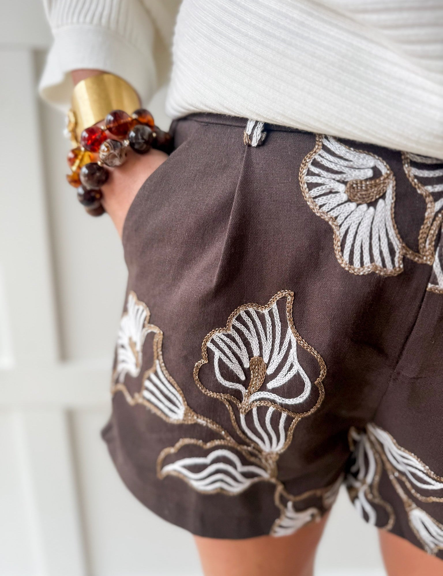 Embroidery High Wasit Shorts - Brown