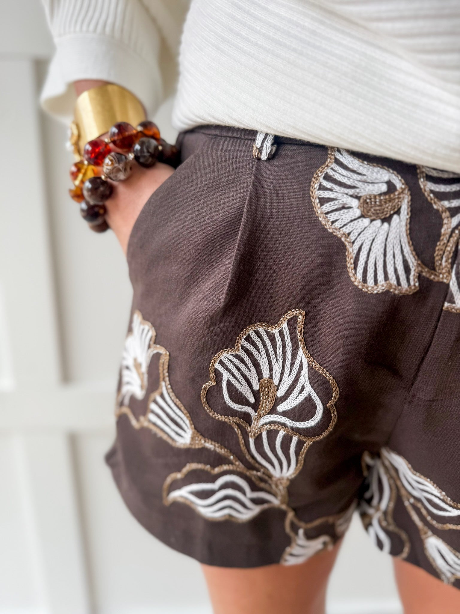 Embroidery High Wasit Shorts - Brown