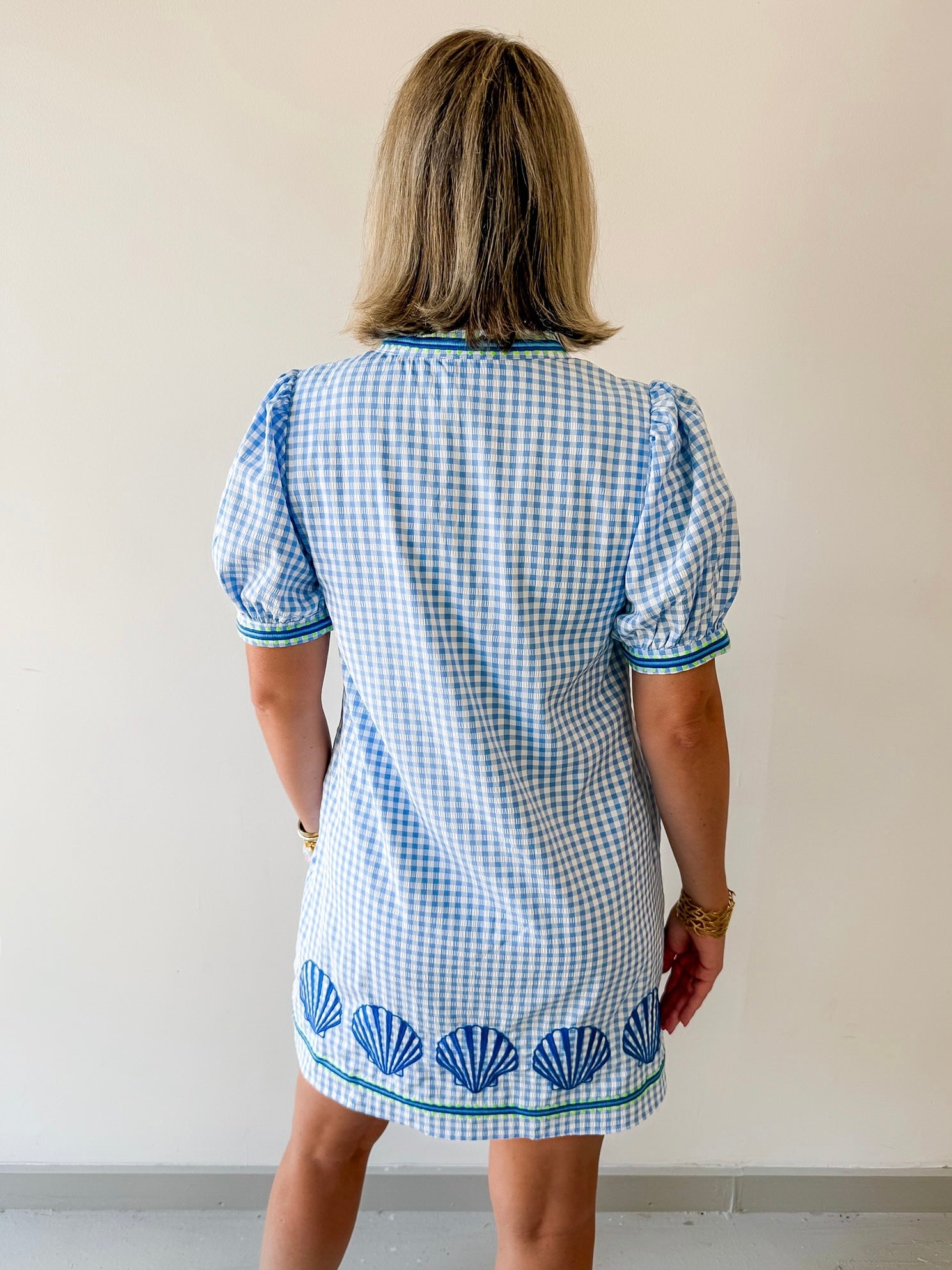 Embroidery Shell Gingham Shift Dress