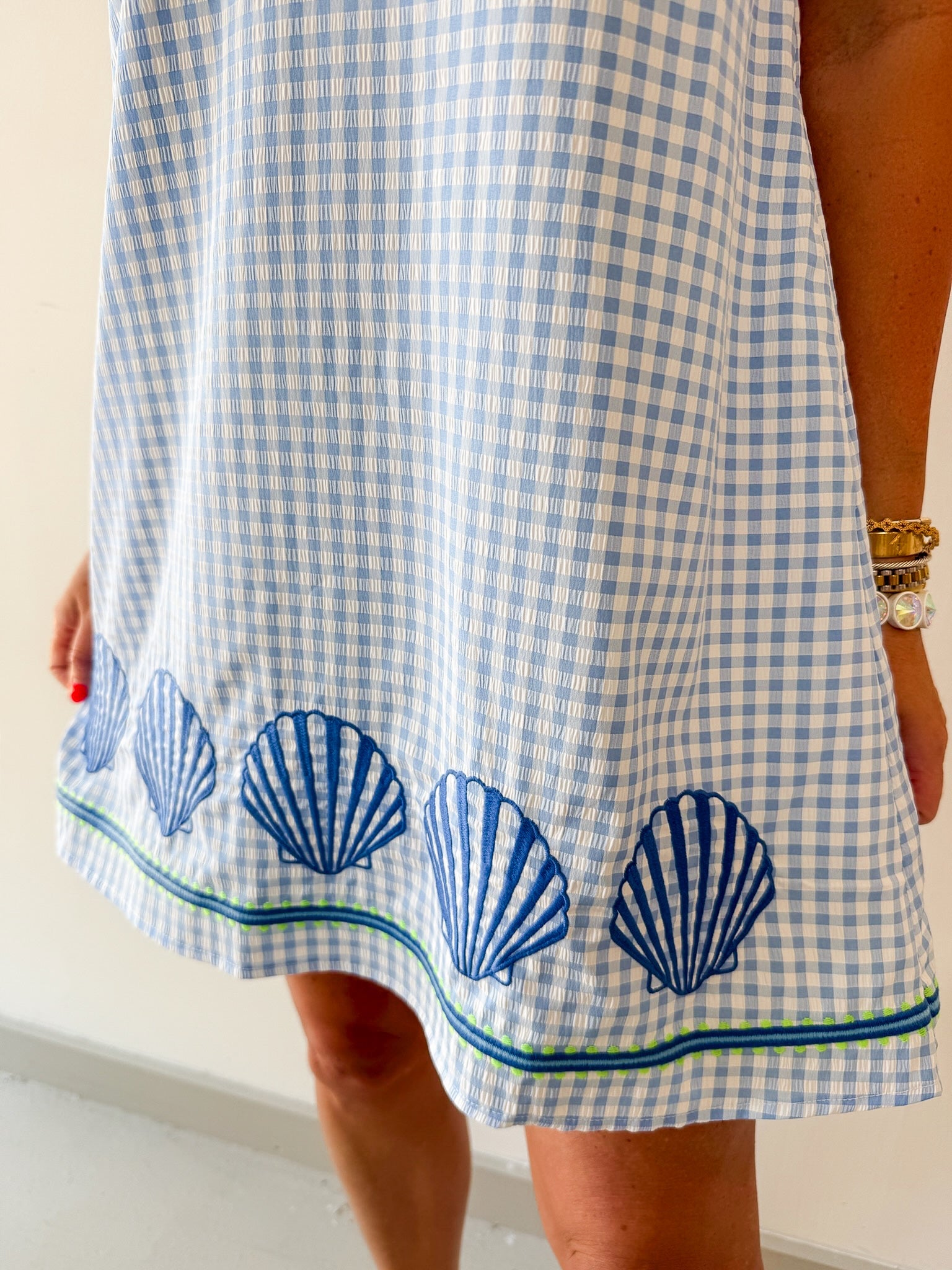 Embroidery Shell Gingham Shift Dress