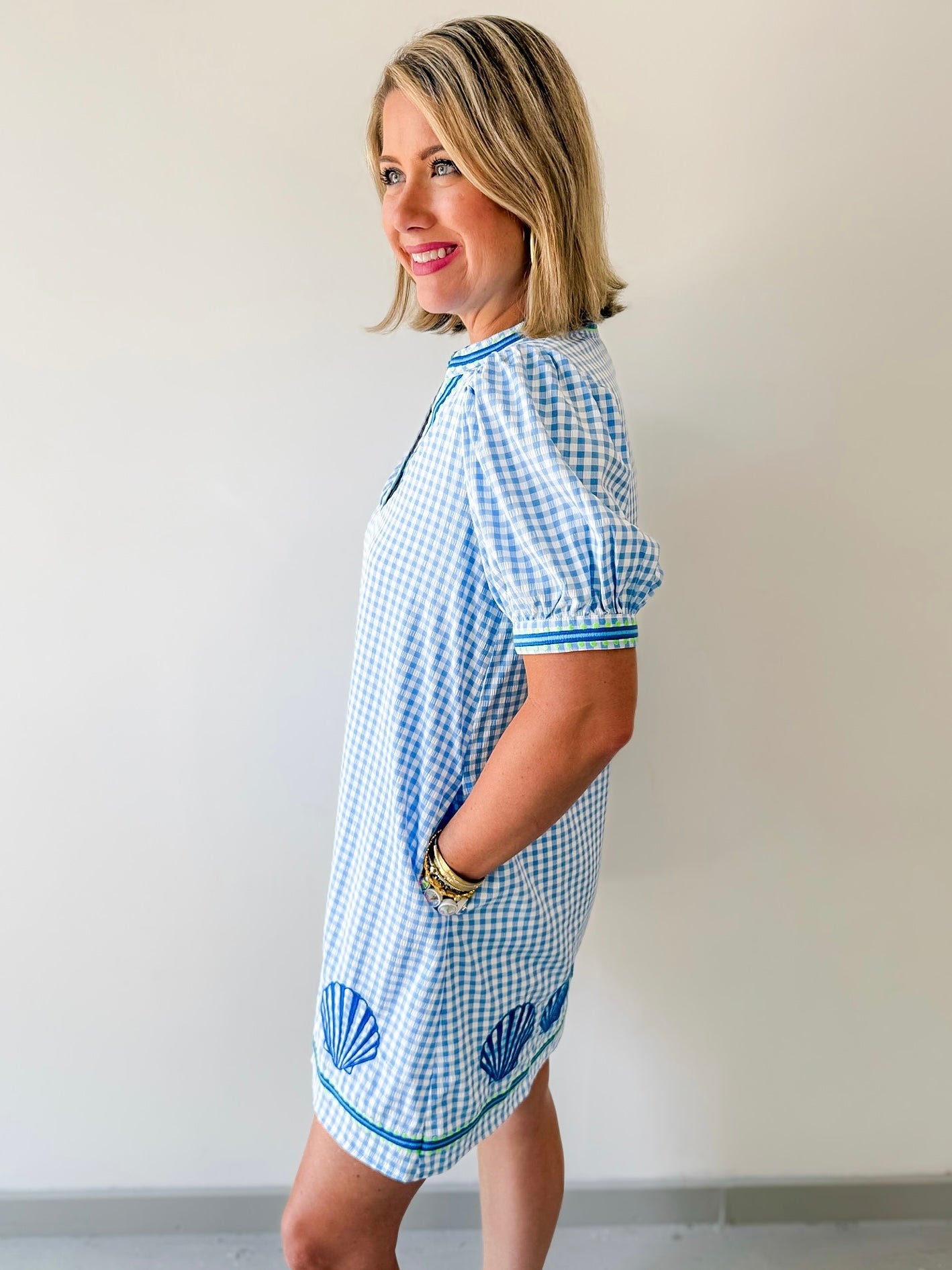 Embroidery Shell Gingham Shift Dress