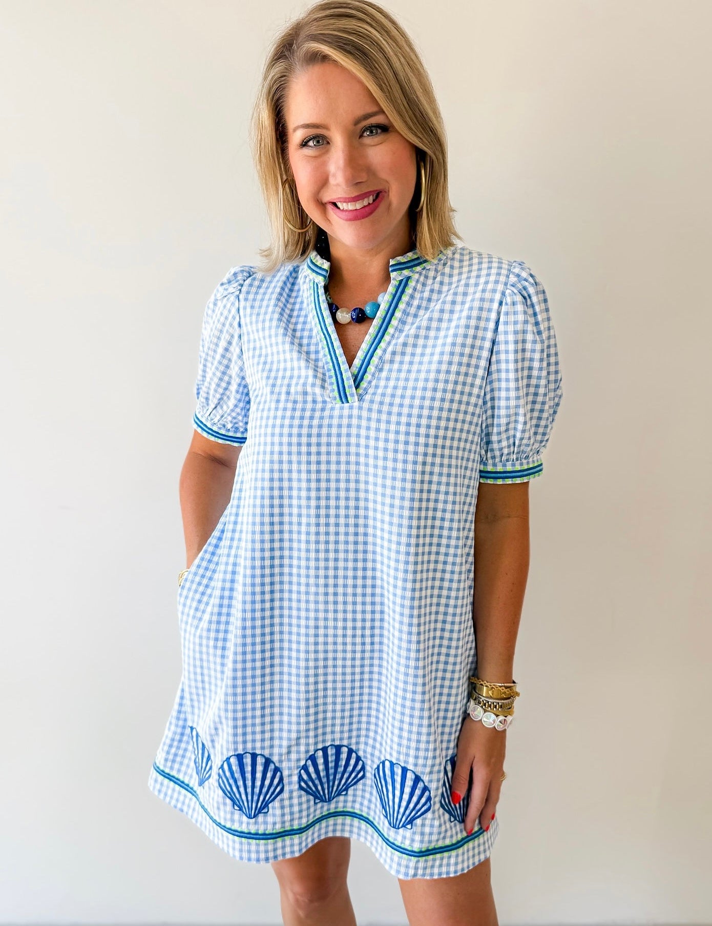 Embroidery Shell Gingham Shift Dress