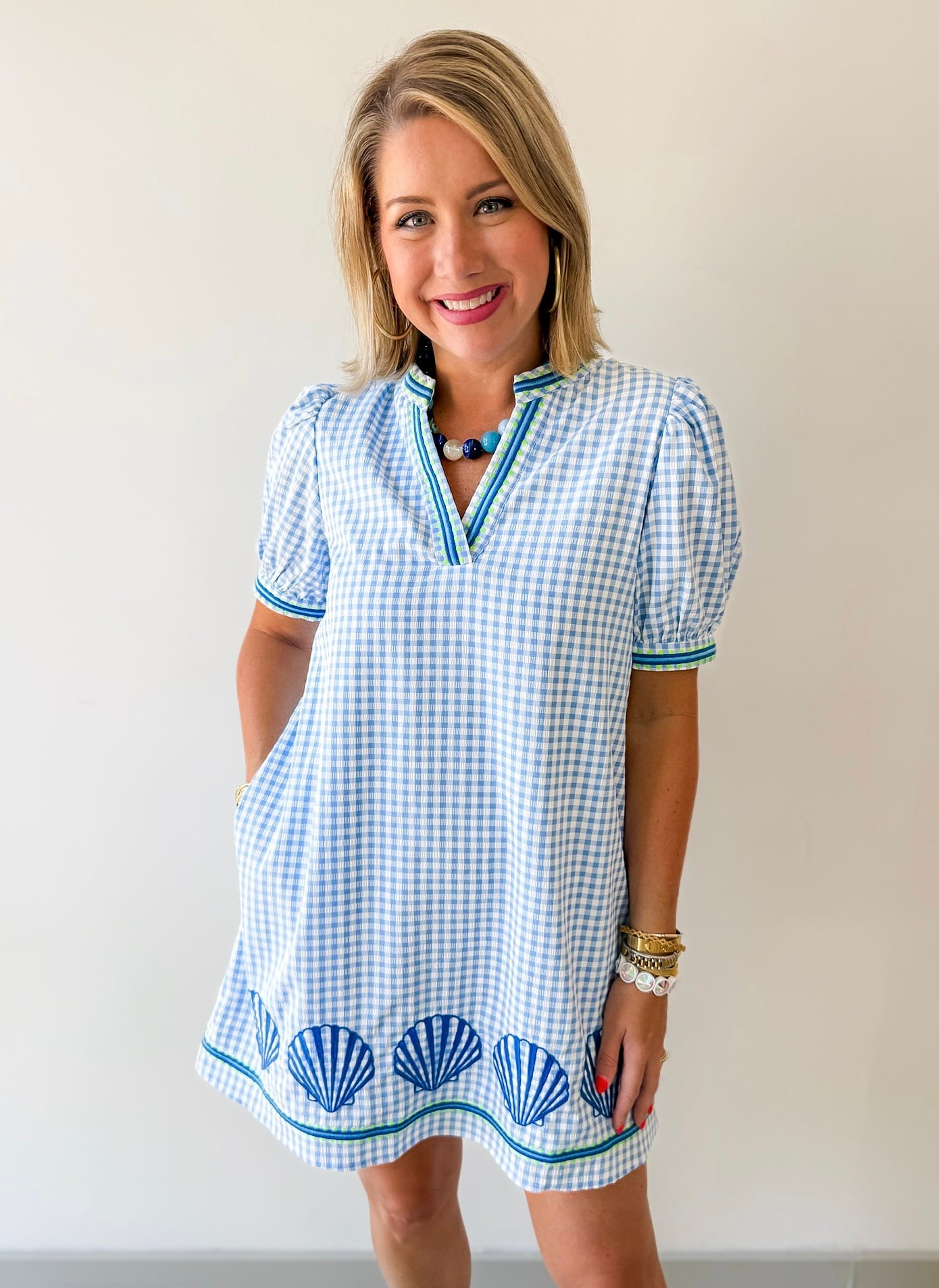 Embroidery Shell Gingham Shift Dress