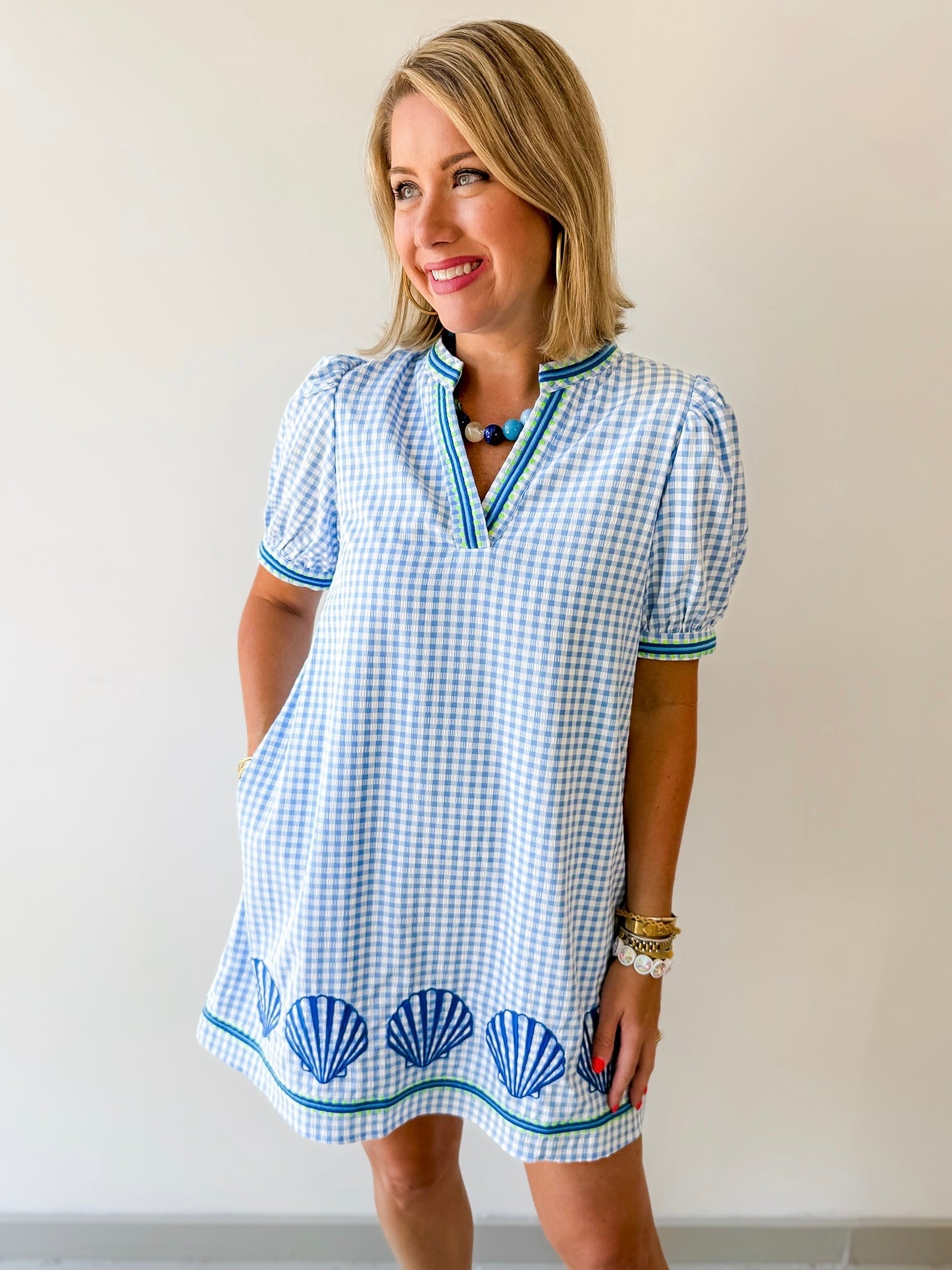 Embroidery Shell Gingham Shift Dress