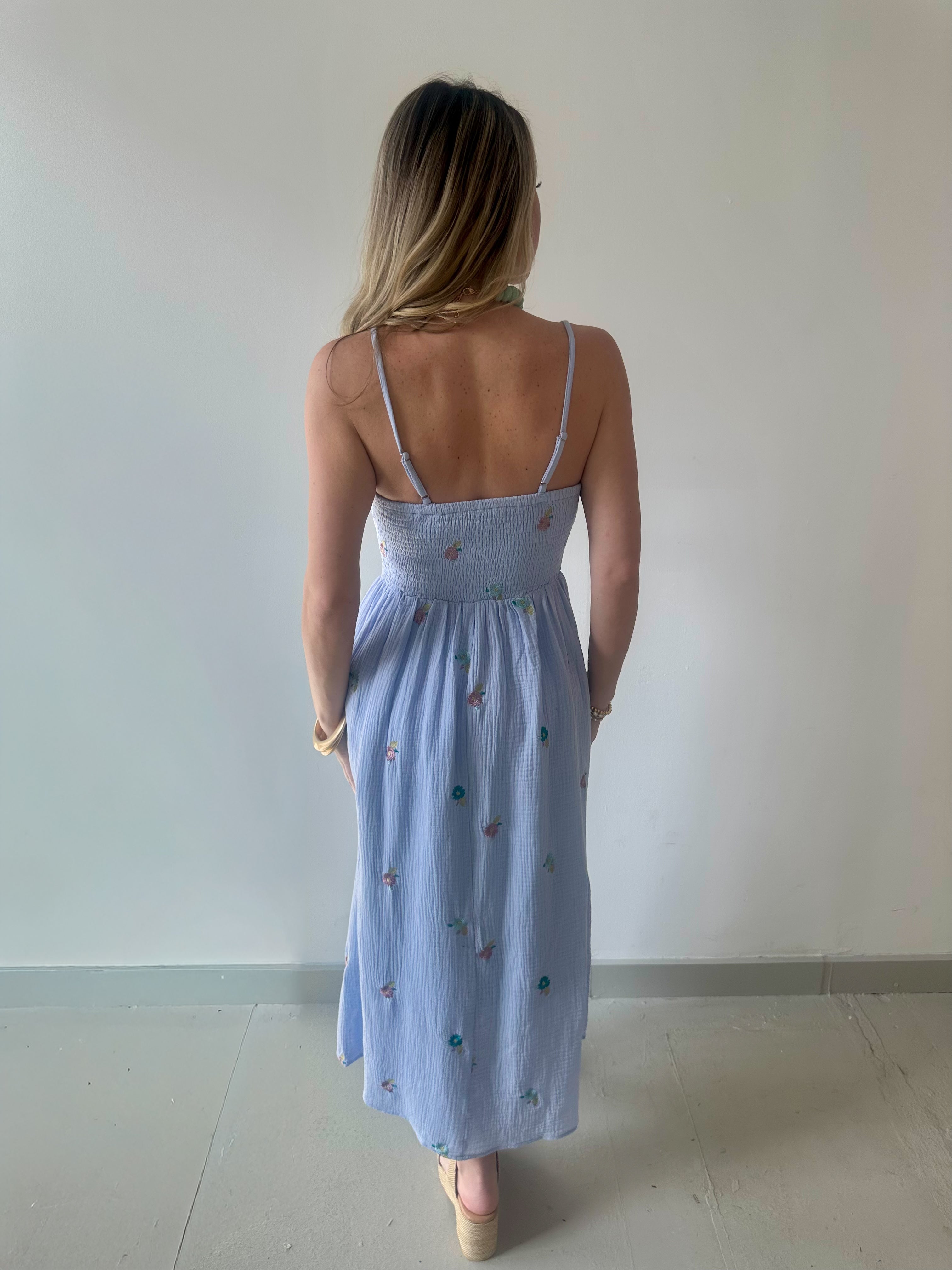 Embroidery Smock Dress - Soft Blue