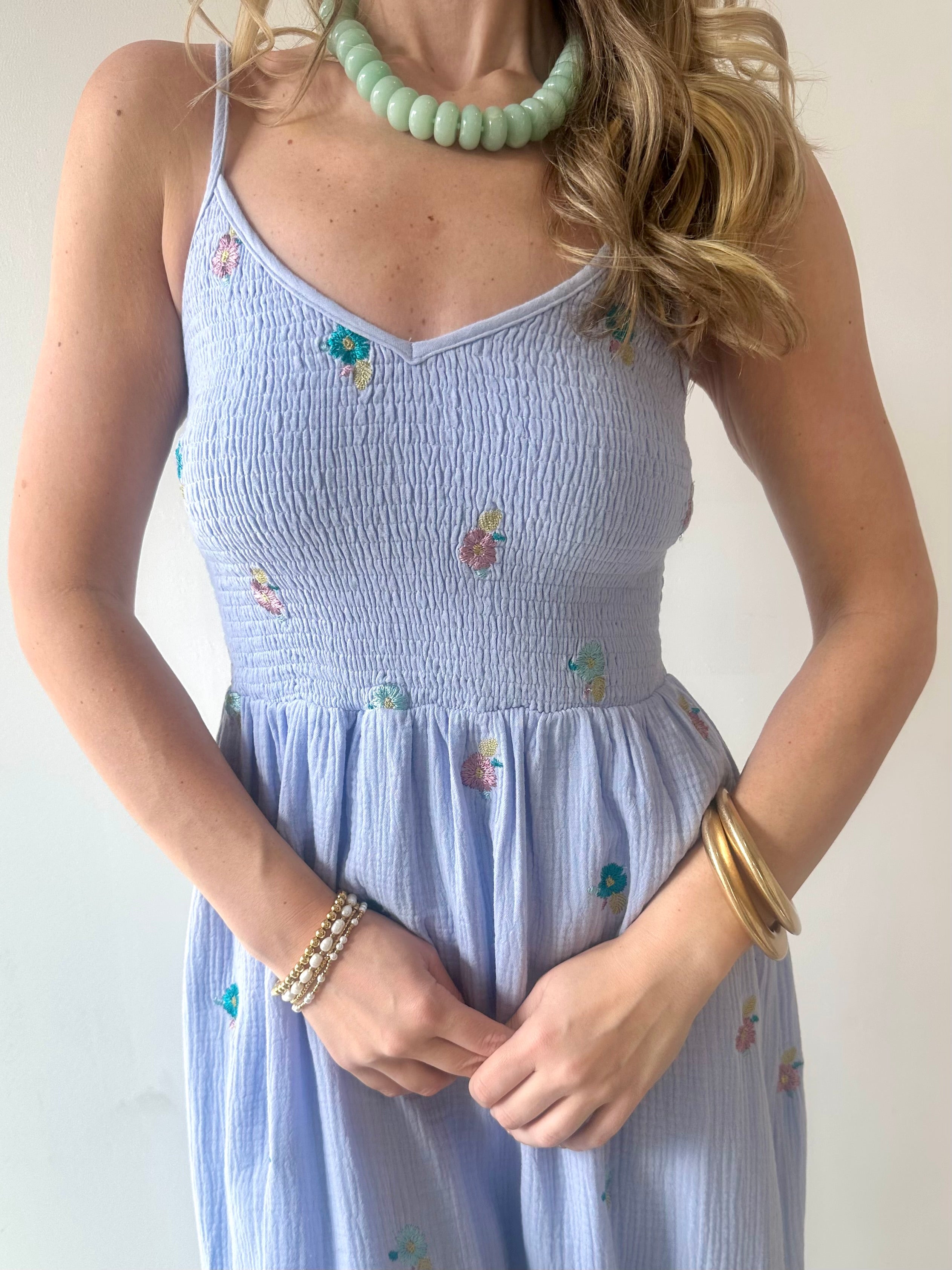 Embroidery Smock Dress - Soft Blue