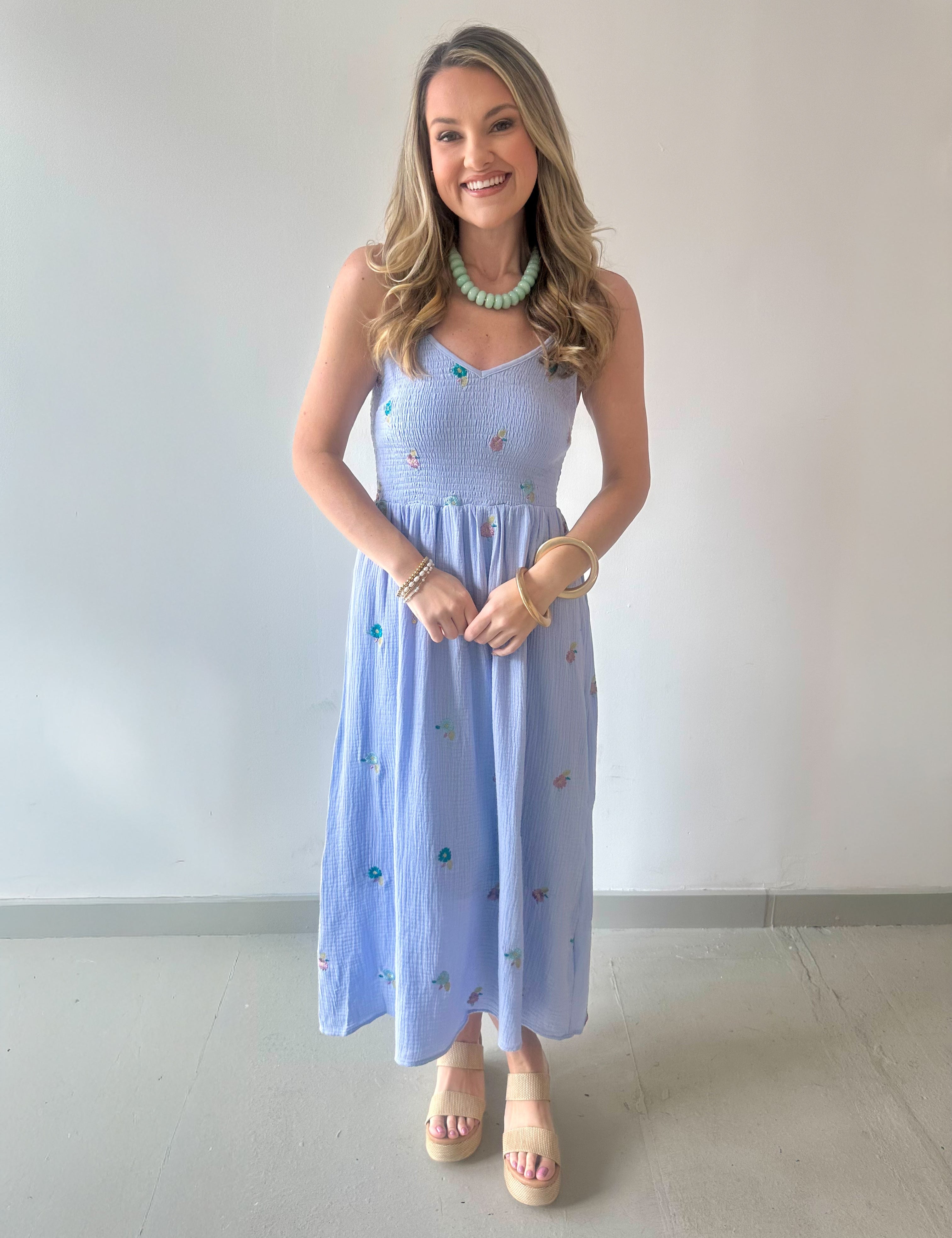 Embroidery Smock Dress - Soft Blue