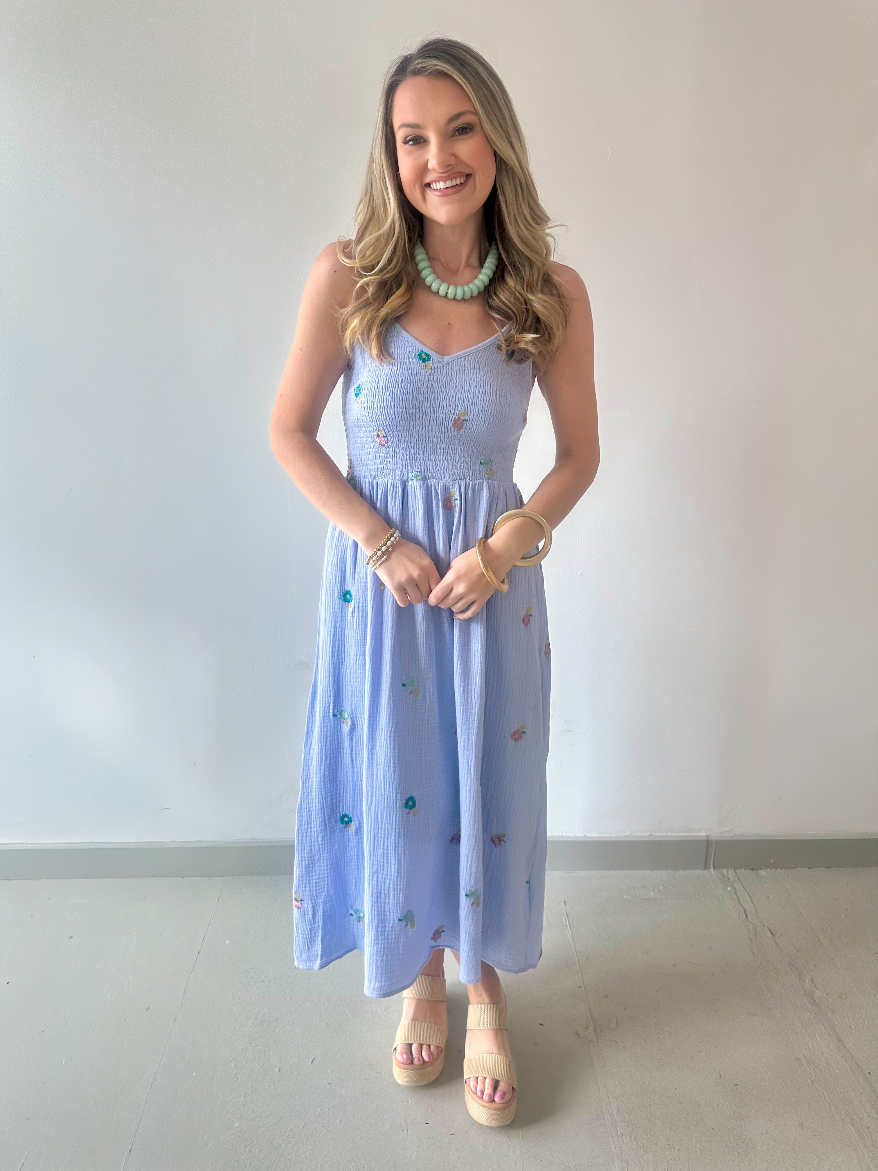 Embroidery Smock Dress - Soft Blue