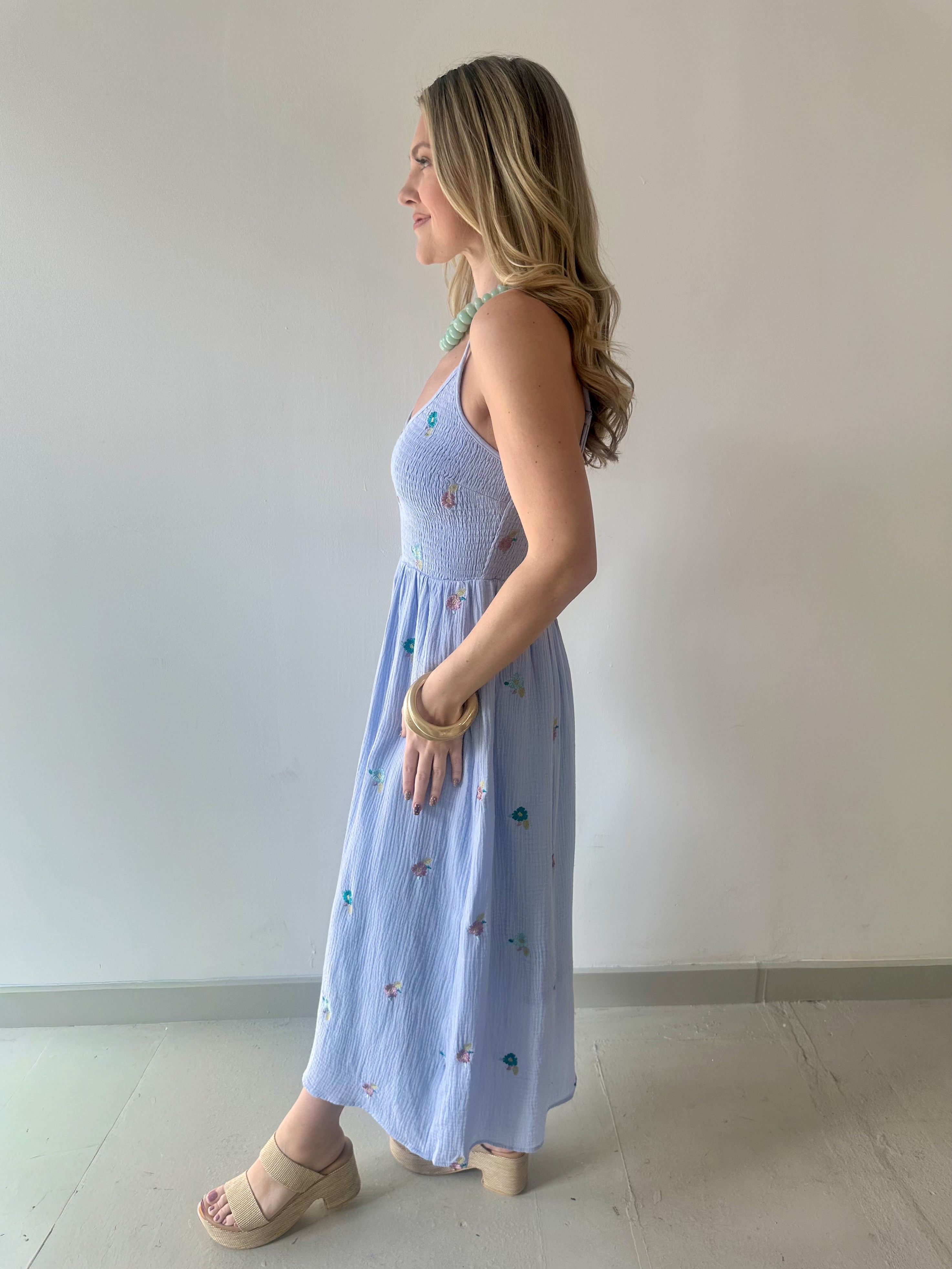 Embroidery Smock Dress - Soft Blue