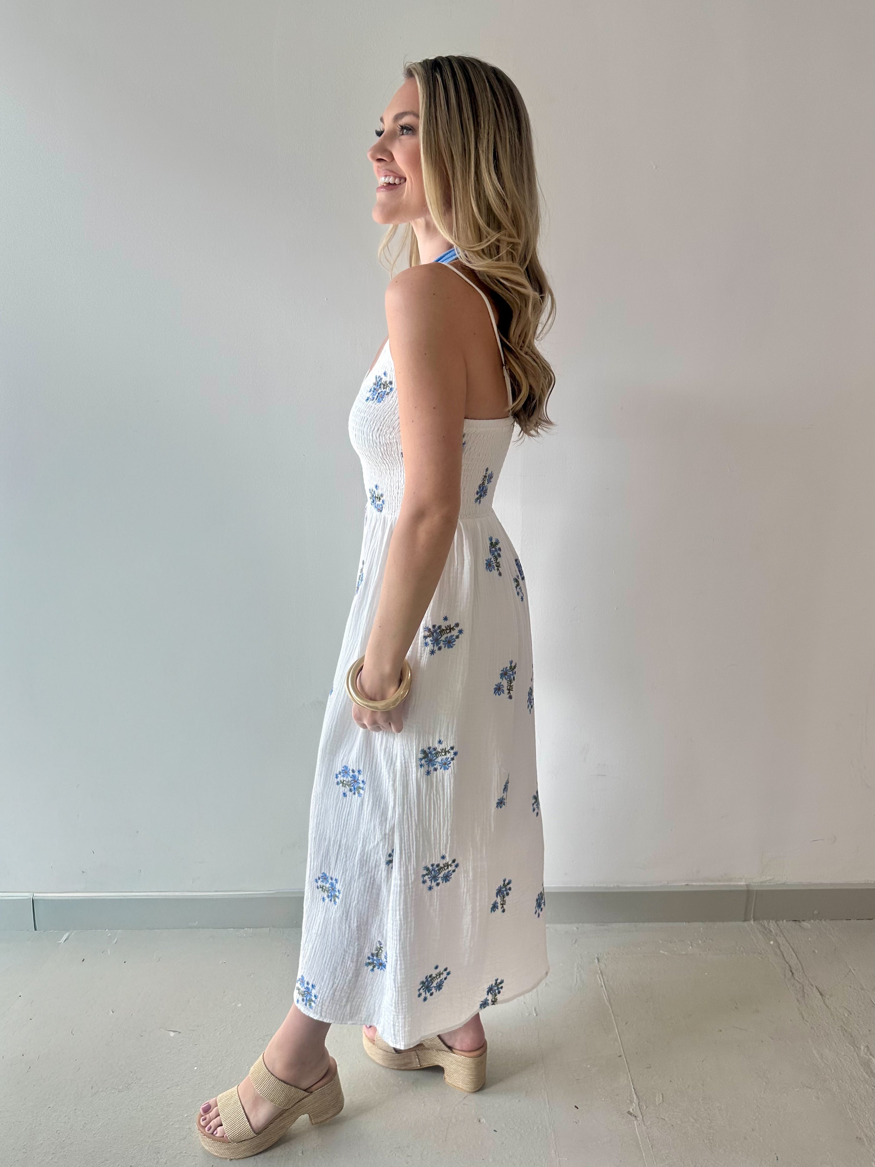 Embroidery Smock Dress - White