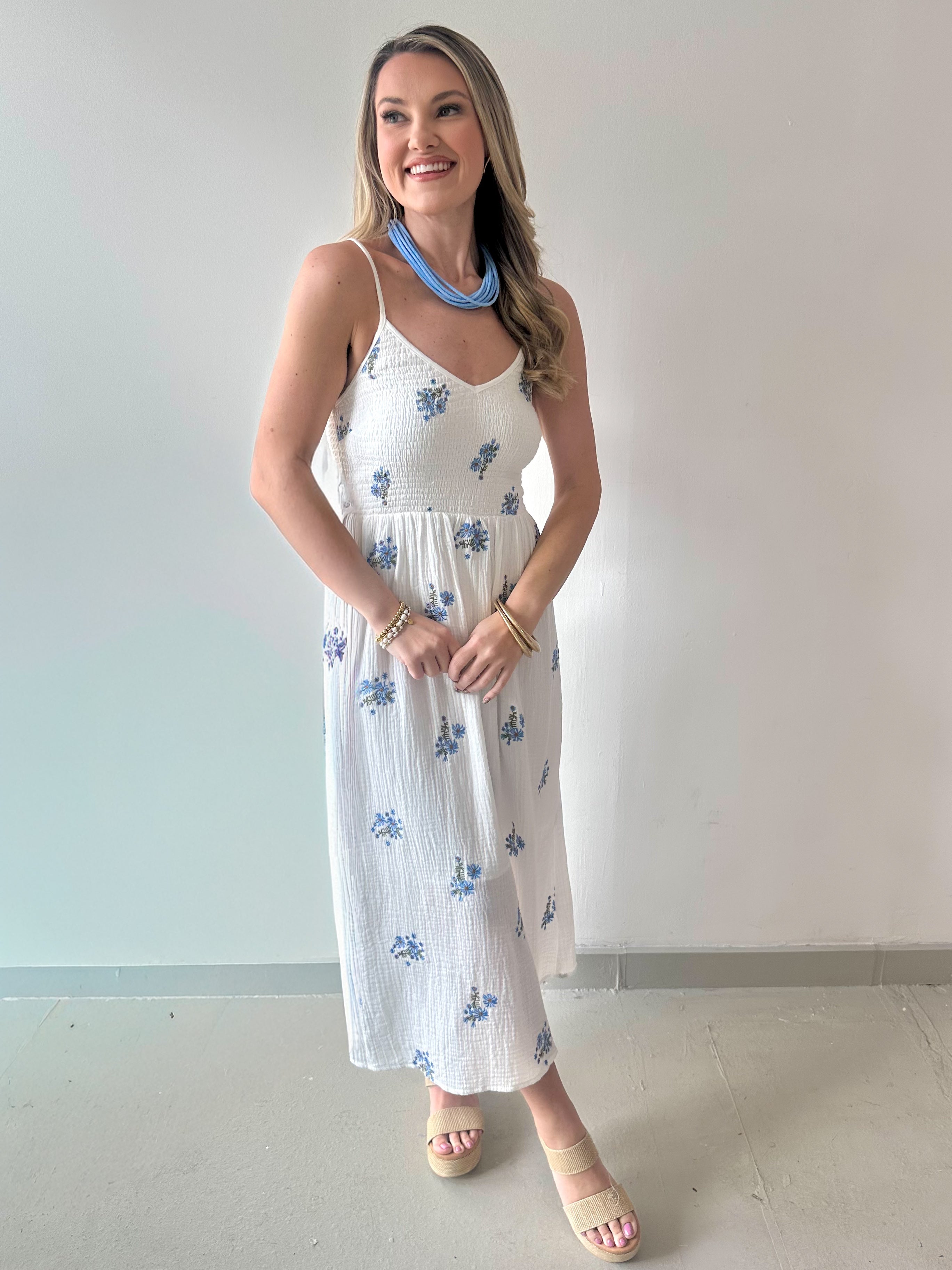 Embroidery Smock Dress - White